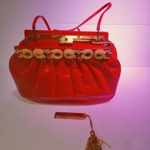 Vintage Judith Leiber Red Snakeskin Clutch with Strap and Gemstones w/ gold comb